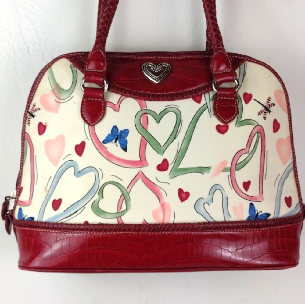 Brighton-esque Whimsical Heart Butterfly Croc-Embossed Leather Trim Purse Bag